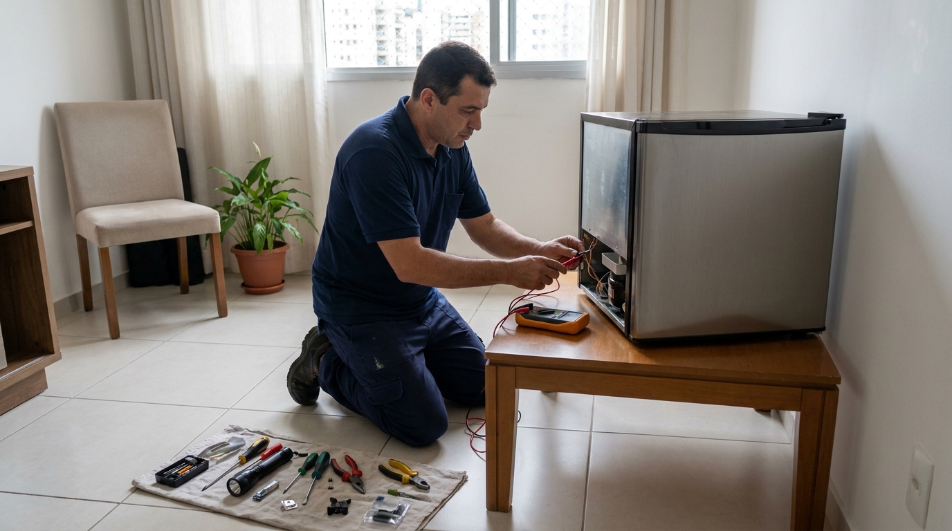 Técnico realizando manutenção de motor de frigobar em Belo Horizonte‑MG