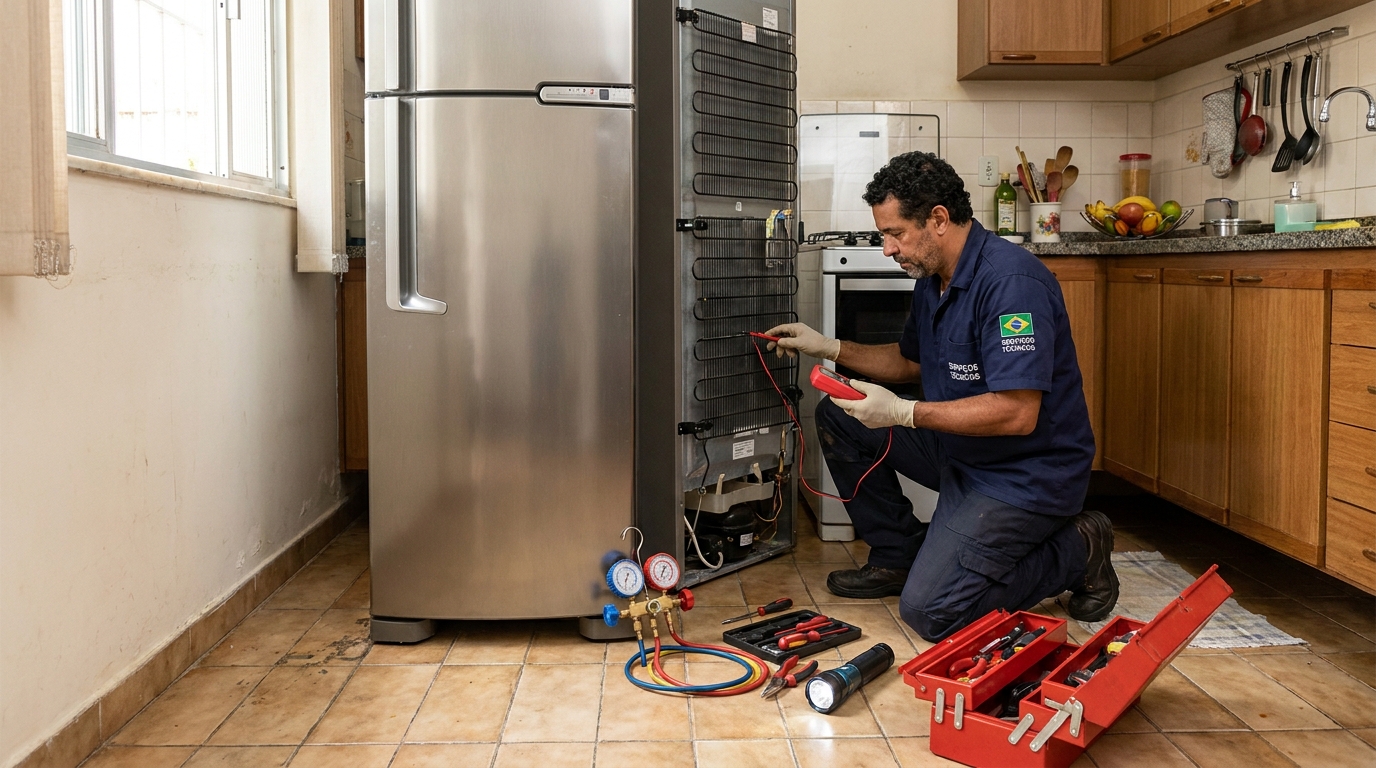 Técnico realizando manutenção de motor de geladeira em Belo Horizonte‑MG