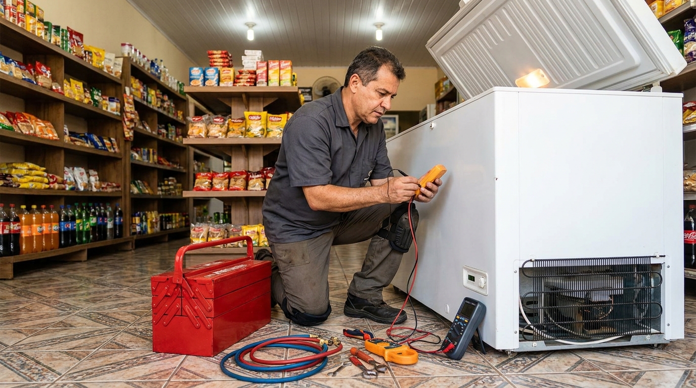 Recarga de gás refrigerante em freezer em atendimento em Belo Horizonte‑MG